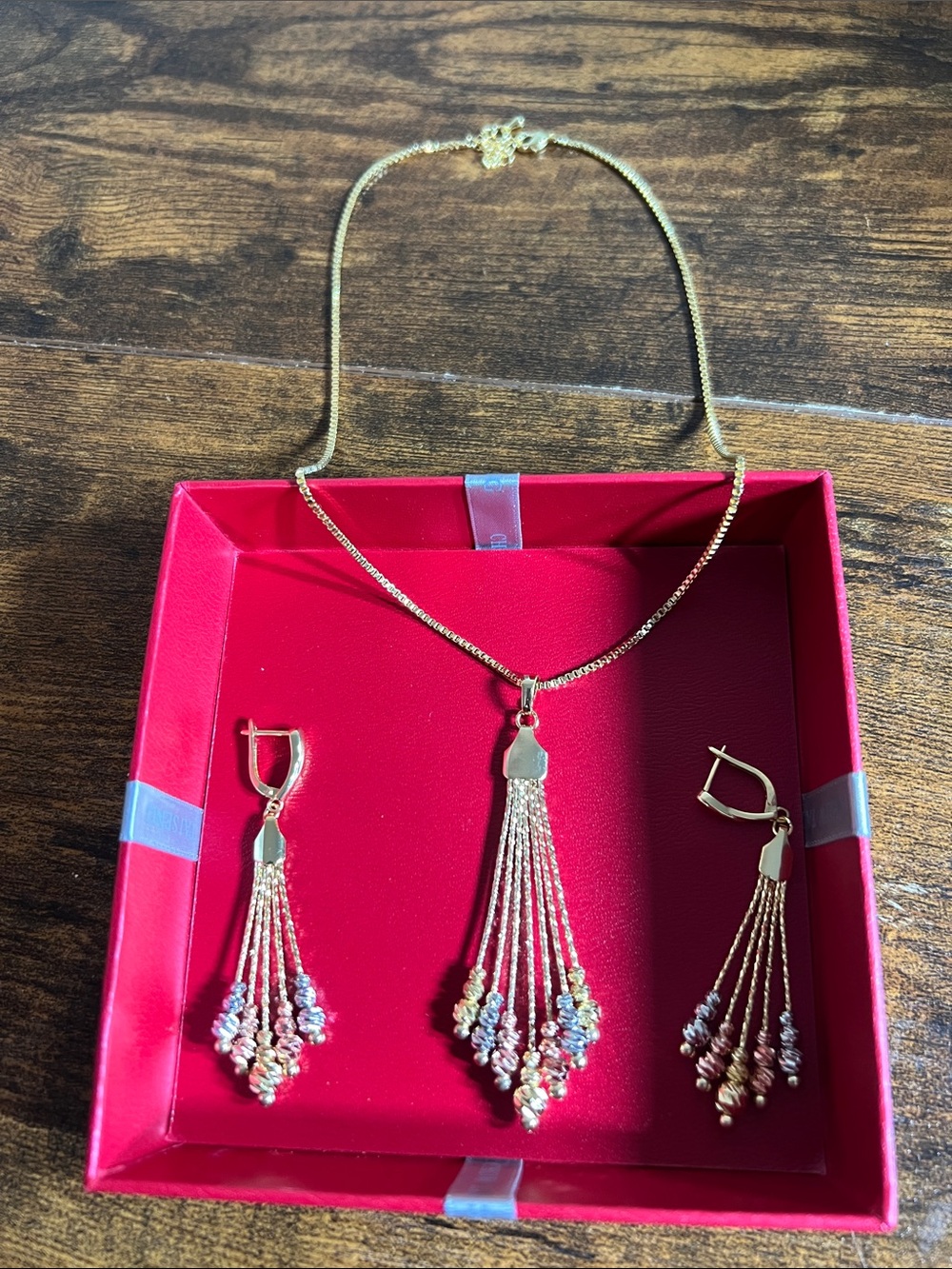 Gold Tassel Multi-Strand Pendant Necklace with Matching Earrings - Gold